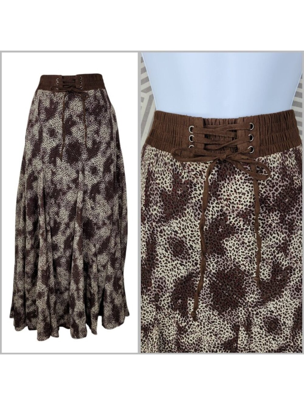 Corset Lace Up Skirt Large midi Pleated Layered Pull On Cheetah Leopard Vintage